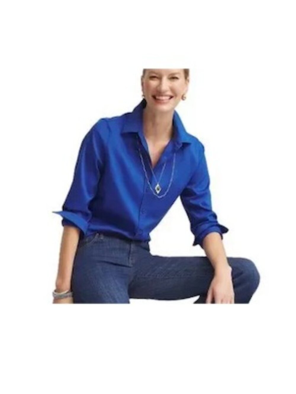 Chicos Button Down Cobalt Blue Collared Blouse Long Sleeve Non-Iron Cotton Sz M